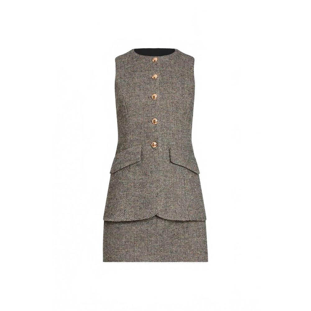 Amanda Uprichard Sleeveless Tweed Romper in Gray with Gold Buttons - Picture 5 of 5